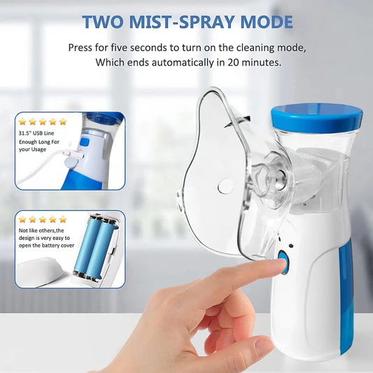 Portable Ultrasonic Nebulizer Kit - 2 Masks for Kids and Adults (Cell and Type-C Operated)