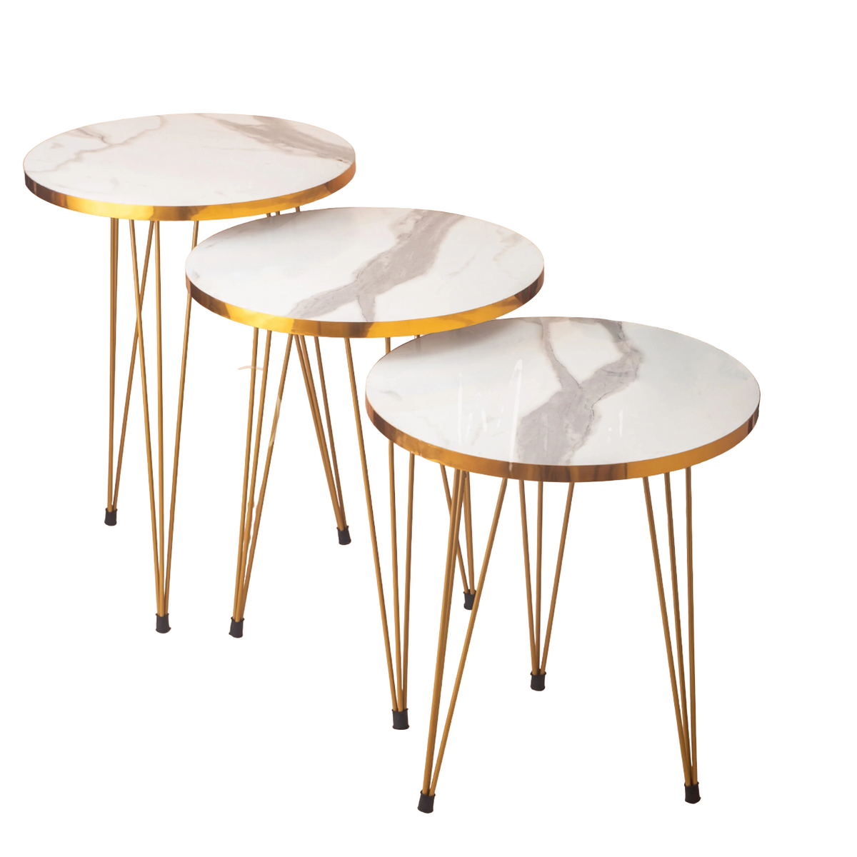 3 Pcs Metal Legs Table Set High Quality Glossy Top Waterproof MDF – White Round With Golden Border CrazyThings-New Store