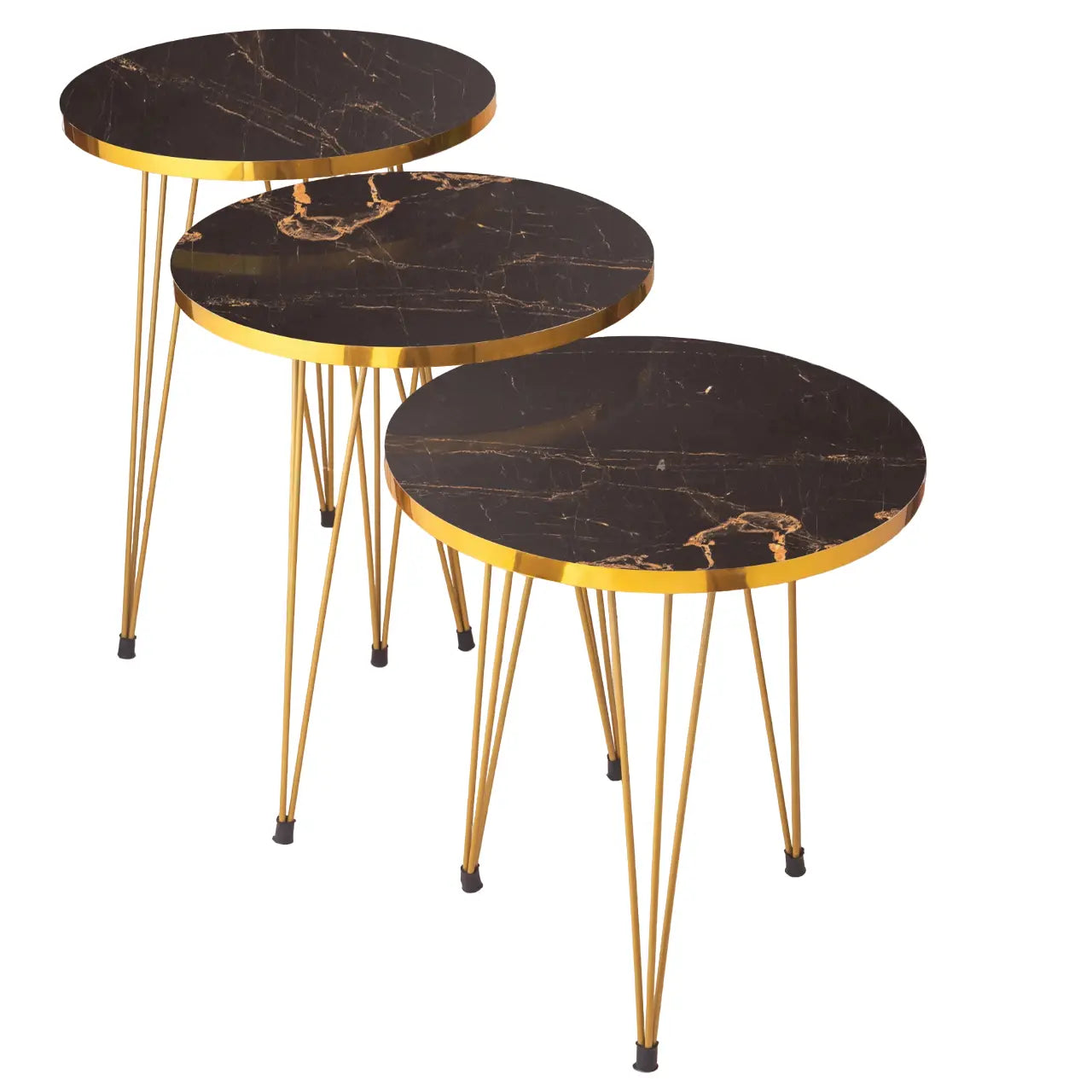 3 Pcs Metal Legs Table Set High Quality Glossy Top Waterproof MDF – Black Round With Golden Border CrazyThings-New Store