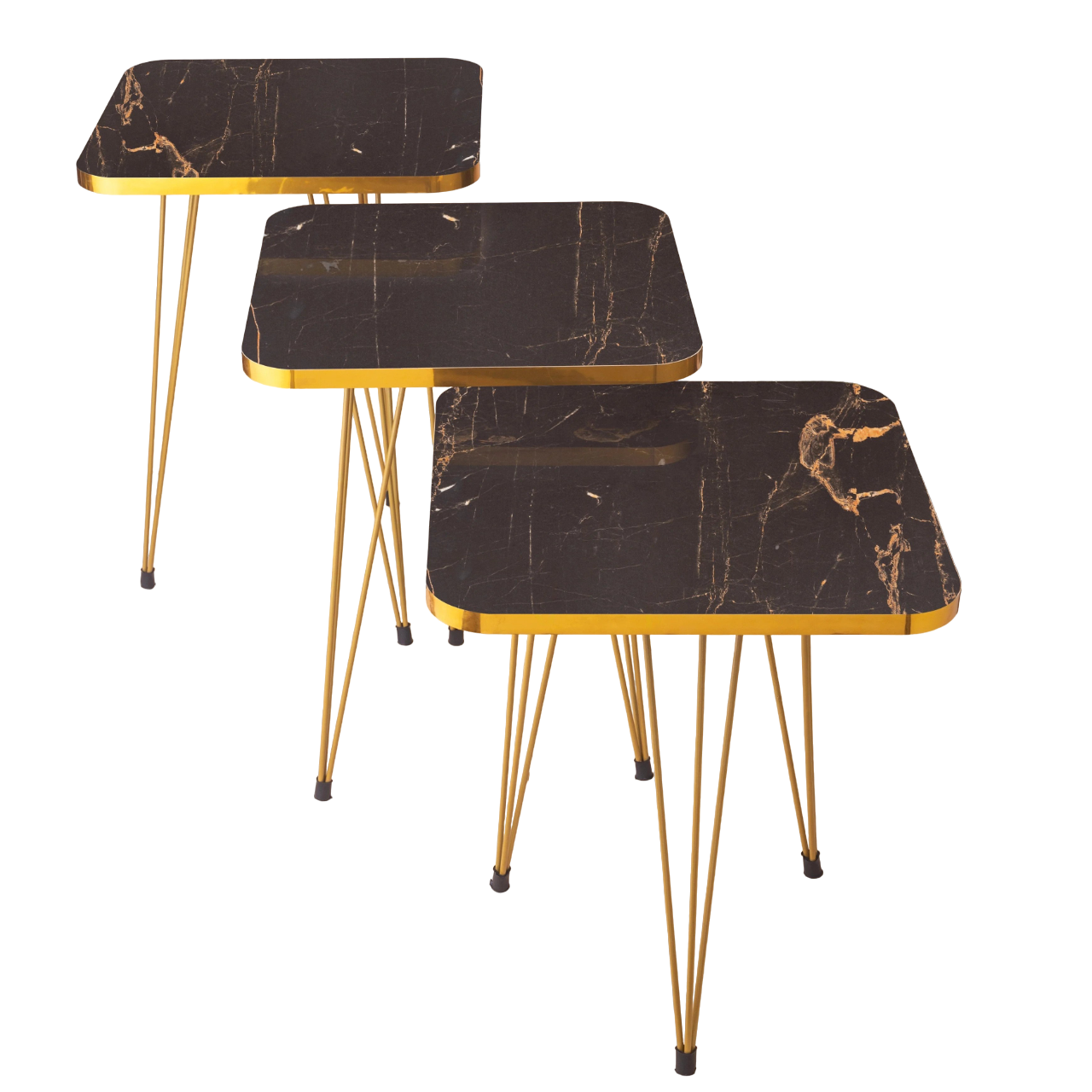 3 Pcs Metal Legs Table Set High Quality Glossy Top Waterproof MDF – Black Square With Golden Border CrazyThings-New Store