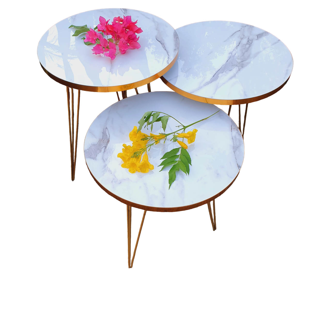 3 Pcs Metal Legs Table Set High Quality Glossy Top Waterproof MDF – White Round With Golden Border CrazyThings-New Store