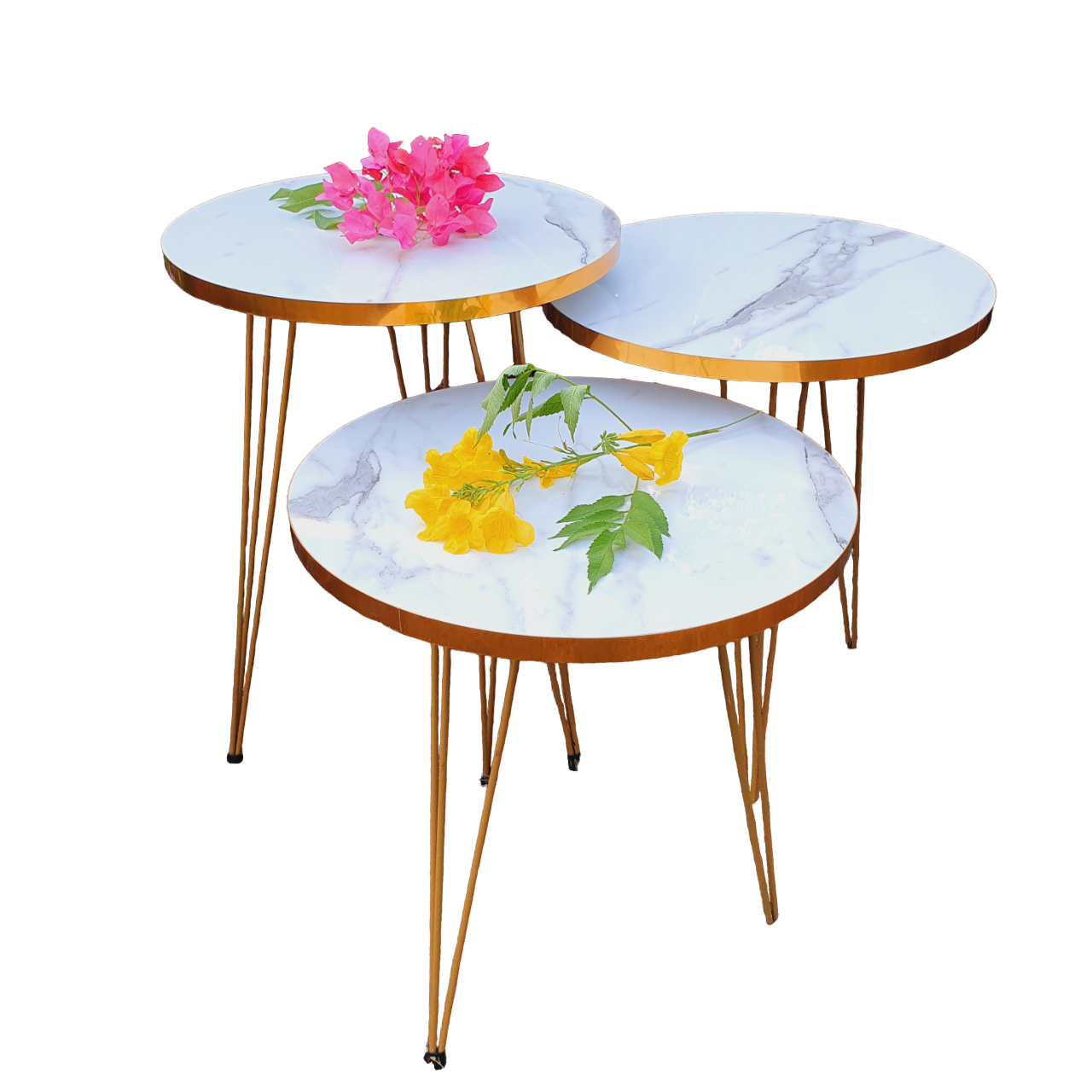 3 Pcs Metal Legs Table Set High Quality Glossy Top Waterproof MDF – White Round With Golden Border CrazyThings-New Store