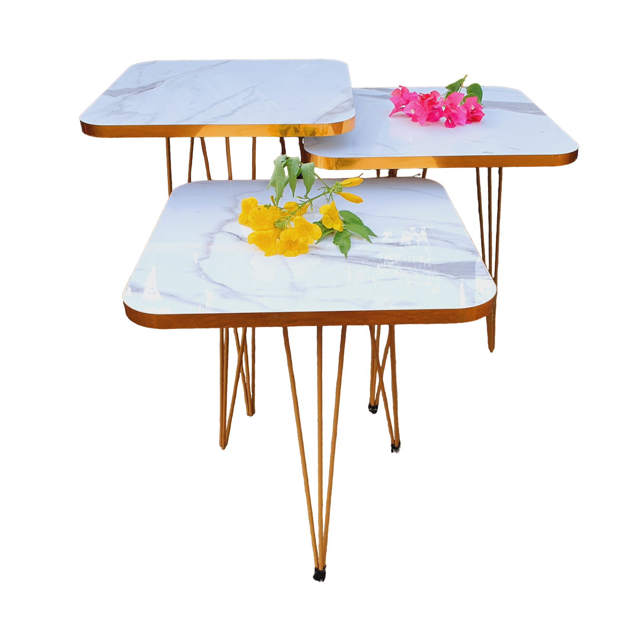 3 Pcs Metal Legs Table Set High Quality Glossy Top Waterproof MDF – White Square With Golden Border CrazyThings-New Store