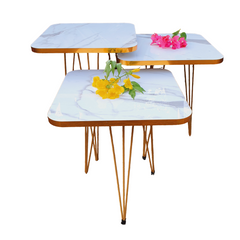 3 Pcs Metal Legs Table Set High Quality Glossy Top Waterproof MDF – White Square With Golden Border CrazyThings-New Store