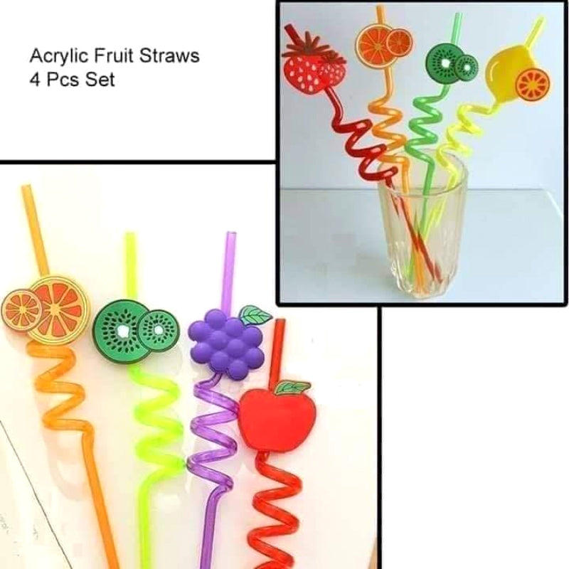 Pack Of 4 PCs Re-Usable Plastic Fruits Acrylic Drinking Straws CrazyThings-New Store